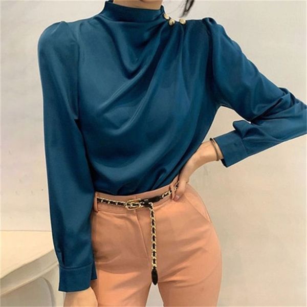 

2021 new elegant shirts solid puff collar women's blouse buds on the shoulder shirt autumn spring vxlt, White