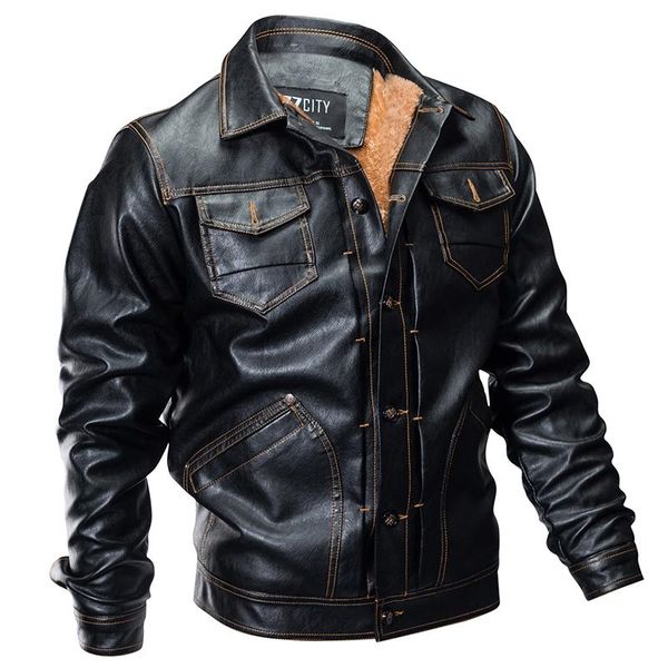 

men's fur & faux winter pilot leather bomber jacket men autumn thick warm multi-pocket flight male fleece coat outwear, Black