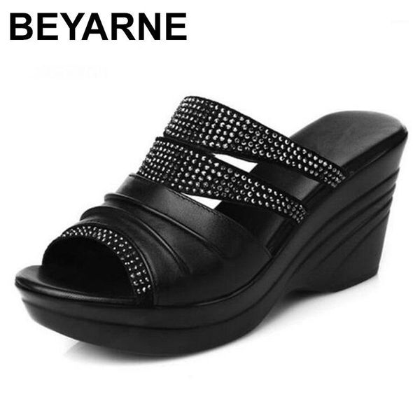 

beyarnebrandsandals cowhide rhinestones shoes woman sandals slippers 2020 fish mouth wedges sandals mom shoes fashionsandalse2951, Black