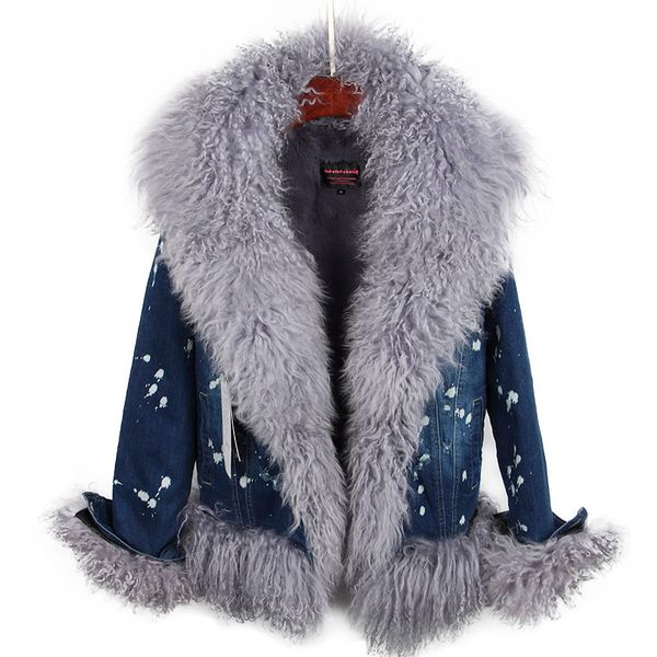 

natural wool lined with luxurious wool fur collar denim coat winter casual warm fashion short fur jacket lj201127, Black