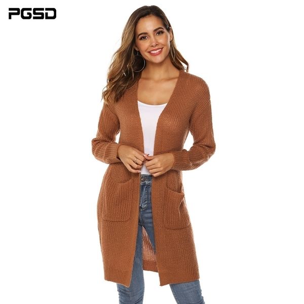 

pgsd autumn winter solid colored big pocket thickened sweater female loose mid long sleeves knitted cardigan women clothes 201030, White