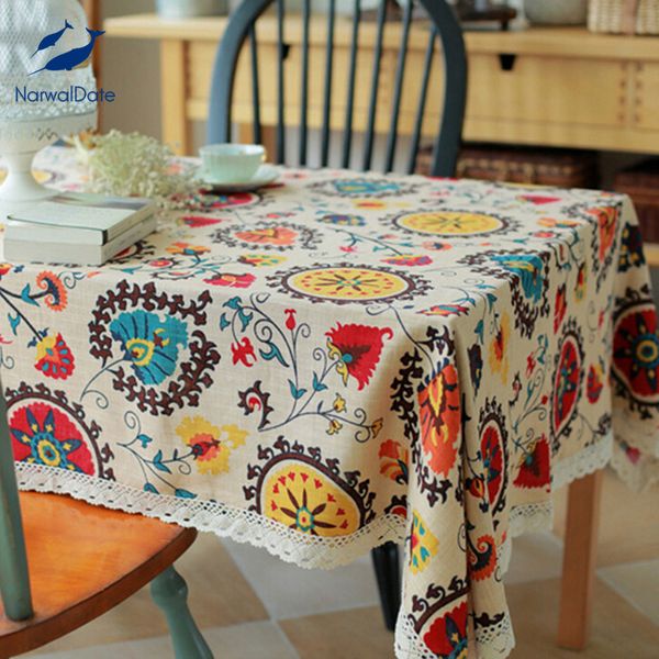 Klassische Baumwollleinen-Tischdecke Rechteck Sonnenblumen-Drucktisch-Tuch mit Spitze staubdichte Tischabdeckungen für Hochzeitshome 201120