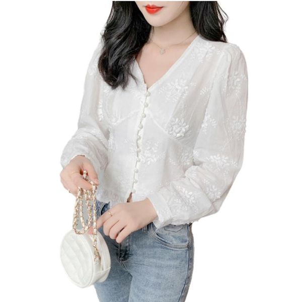 

women's blouses & shirts spring autumn style blouse shirt solid color embroidery puff sleeve v-neck button elegant sweet sp986, White