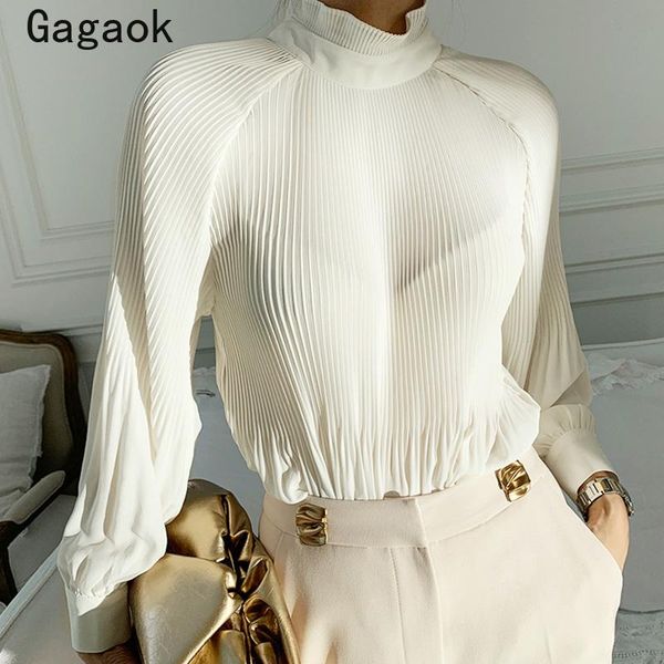

gagaok blouse women 2021 spring autumn new see through solid stand lantern sleeve shirts lprean chic fashion wild blouses, White