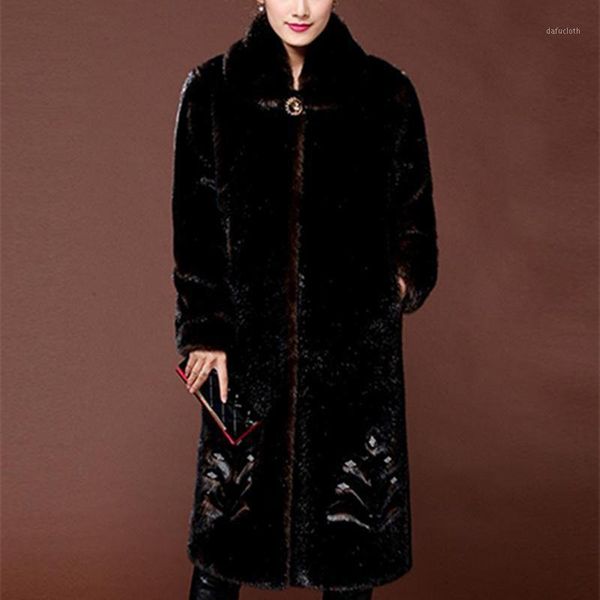 

long new fashion women winter sleeve thicken warm hidden discount female pockets mandarin collar faux fur coat cy1, Black