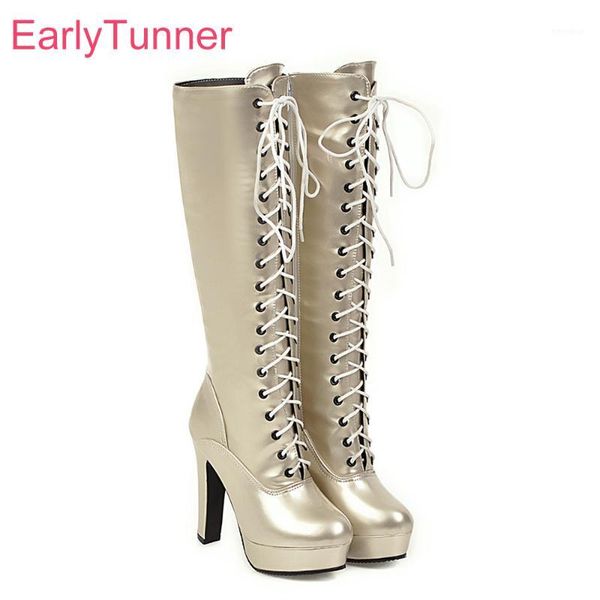

2019 new gold black women knee high motorcycle platform boots high heels lady shoes es757 plus big size 10 43 46 481