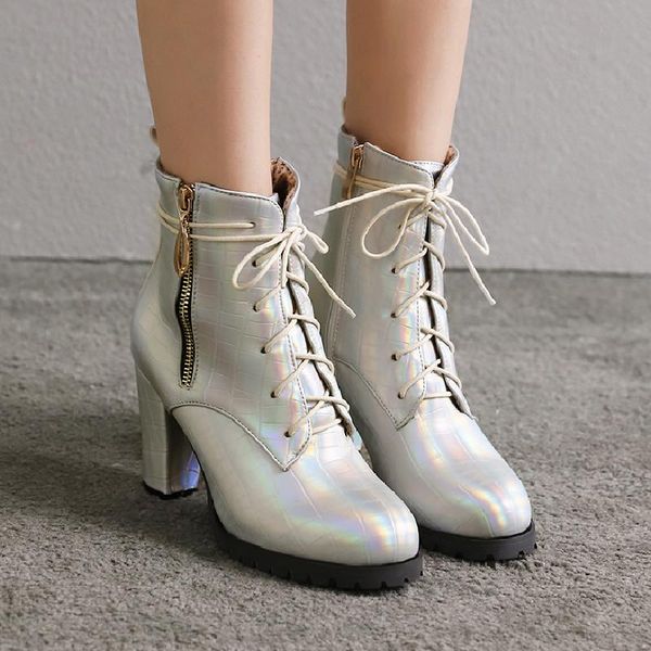 

fashion ankle boots for women high heels short boots women fashion patent leather lace-up red black shoes lady large size 45
