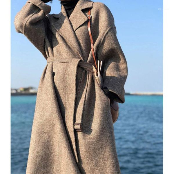 

2020 winter long popular wool coat women add a belt manteau femme hiver dames jassen winter female overcoat jas cashmere coat1, Black