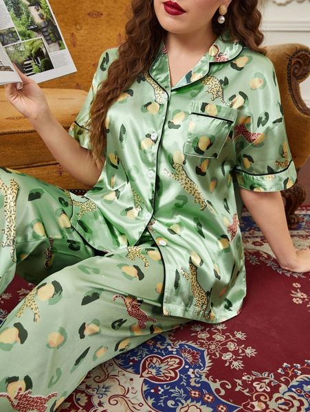 

plus leopard contrast piping drop shoulder satin pj set c3ua#, Black;white