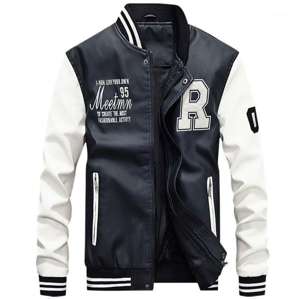 

fashion faux leather coat men baseball uniform stand collar white pu leather jacket male casual oversized jacket boys 4xl1, Black