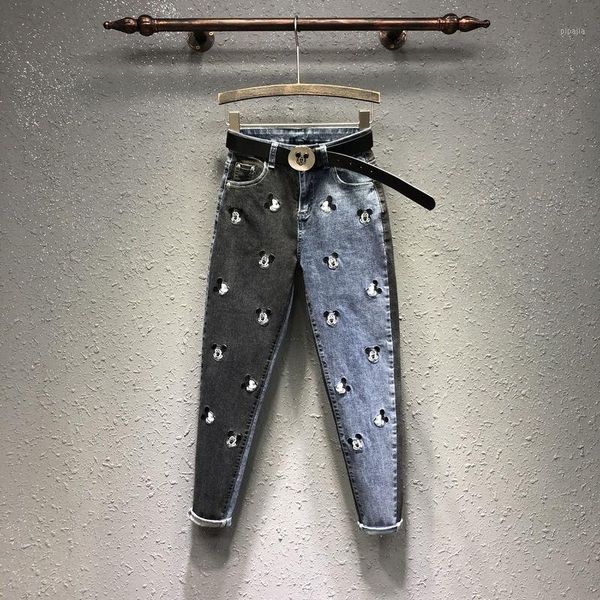 

fashion novel spring and summer color matching patchwork embroidered jeans pencil pants women's small foot harum pants shorts1, Blue