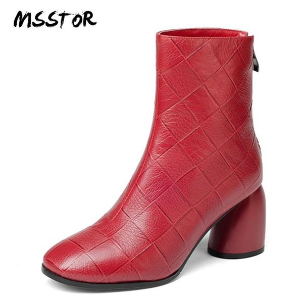 

msstor embossed cow leather red boots round toe autumn winter high heels boots women strange style fashion women ankle, Black