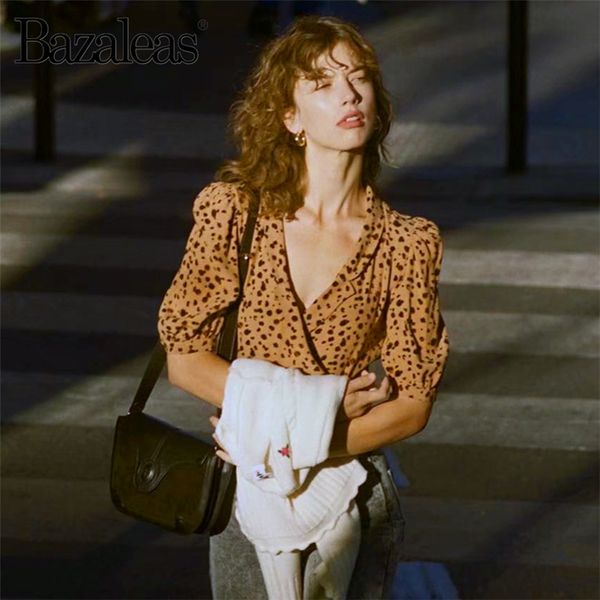 

bazaleas elegant fawn wildcat print blusas mujer de moda 2019 vintage chiffon wrapover france balloon sleeves women blouse t200321, White
