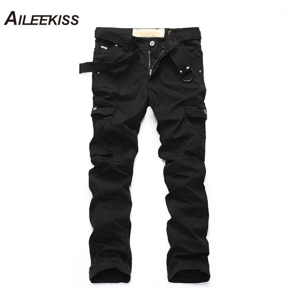 

aileekiss 2018 new men's cargo pants men hip hop harem casual multi pockets men outwear army straight slacks long trousers xt7221, Black