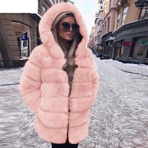 

jaycosin 2018 fashion womens solid thick warm women luxury faux fur coat hooded autumn winter warm overcoat 18nov51, Black
