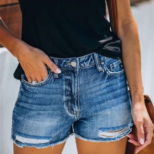 

1summer 2020 women's jeans tassel washed hole denim shorts pants, Blue