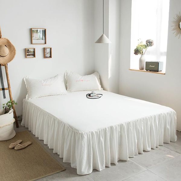 

soft washed cotton twin queen size kids rubber bed sheet set shabby white grey ruffled bedskirt pillowcase natural wrinkled