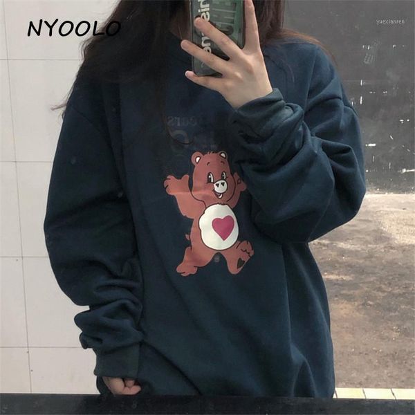 

nyoolo autumn winter cartoon bear letters print warm fleece hoodies casual streetwear loose hooded pullovers sweatshirt women1, Black