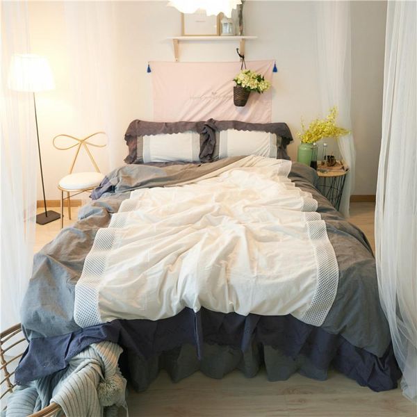 

4pcs washed cotton princess lace mesh bedding set yarn dyed hollow ruffles duvet cover set bed skirt pillowcases king twin