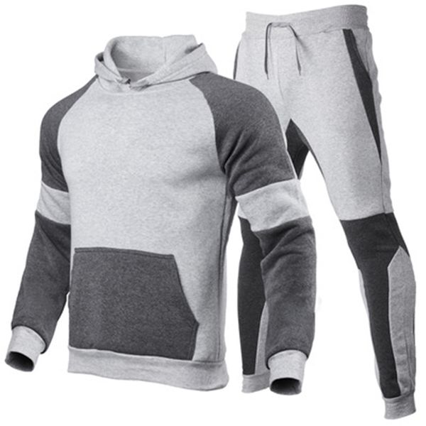 

mens splicing sports 2pcs sets fashion trend long sleeve hooded sweatshirt pant suits designer man thicken plus size casual loose tracksuits, Gray