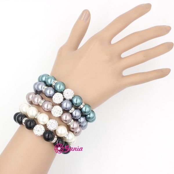 

1pc fashion pearl jewelry, 12mm crystal ball bead with 12mm pearl strand bracelets for women 5 colors, Black