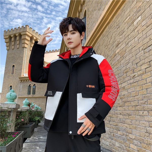 

2020 winter new fashion brand loose tooling coat men's korean leisure thickened down cotton padded clothes, Black