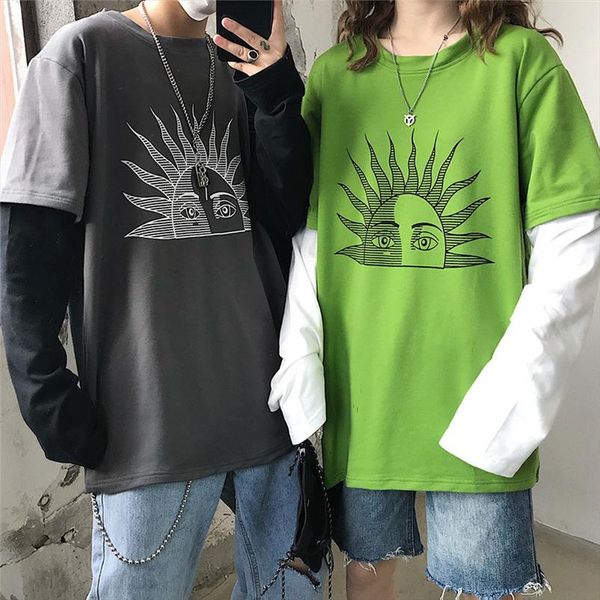 

women tshirt tees bf regular album jersey shirt dropshipping casual print fake two piece long sleeve clothes punk vintage, White