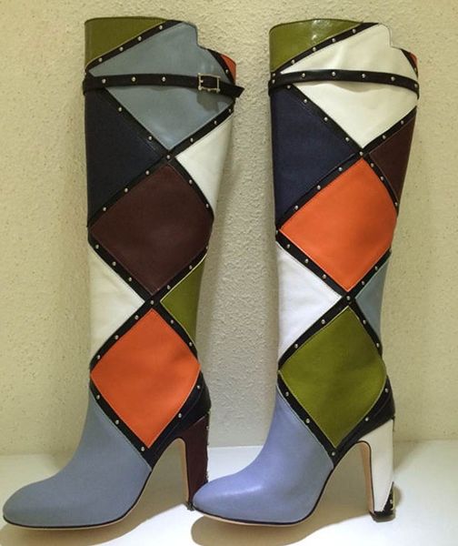 

color mixed new leather grade patchwork rebite belt legs knee-high gross high leap slide shoes from women's multi boots 6bsx, Black