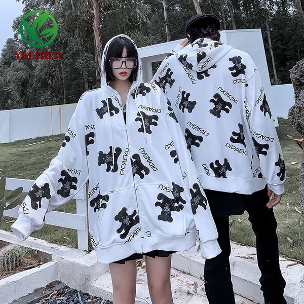 

loose couple casual hooded jacket bear print hoodie oversized hip-hop trend design sweatshirt streetwear. c1117, Black