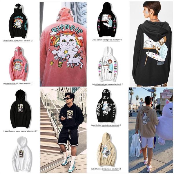 

autumn and winter ripndip sweater men and women hip-hop street middle finger cat plus velvet long-sleeved couple hooded pullover, Black