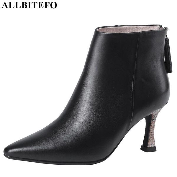 

allbitefo real genuine leather women boots pure color autumn winter ankle boots comfortable breathable fashion outdoor, Black