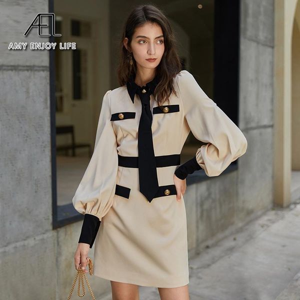 

casual dresses ael beige long sleeve dress women 2021 autumn panelled with necktie minidress office lady clothing, Black;gray