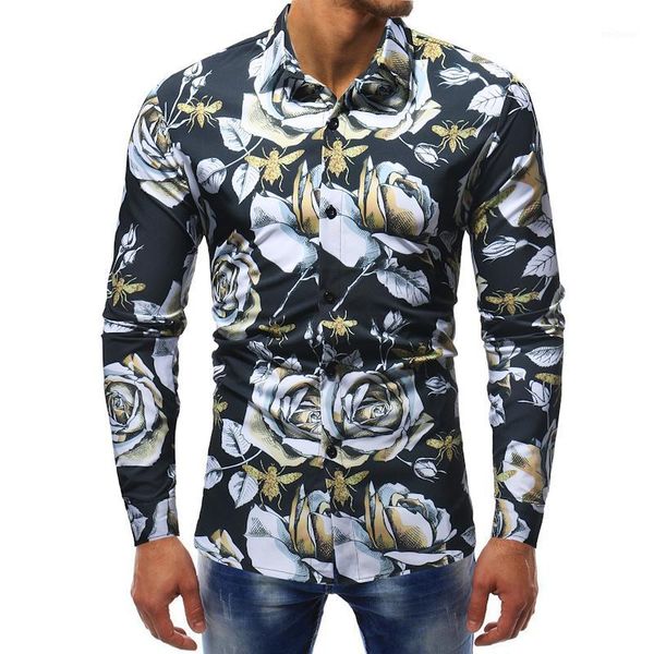 

2019 retro floral printed man casual shirts fashion classic men dress shirt breathable men's long sleeve 2xl 3xl1, White;black