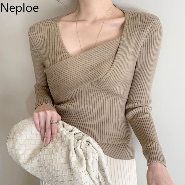 

neploe irregular knitted pullovers korean fashion knitwear sweaters for women slim fit long sleeve jumper sueter mujer h1211, White;black