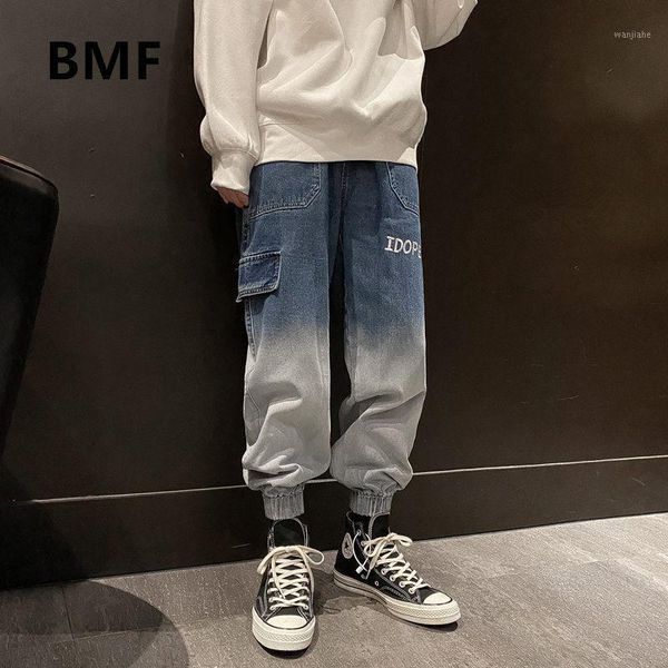 

2020 fashion korean gradient jeans hip hop cargo denim pants streetwear kpop joggers men clothing harajuku baggy pants male1, Blue