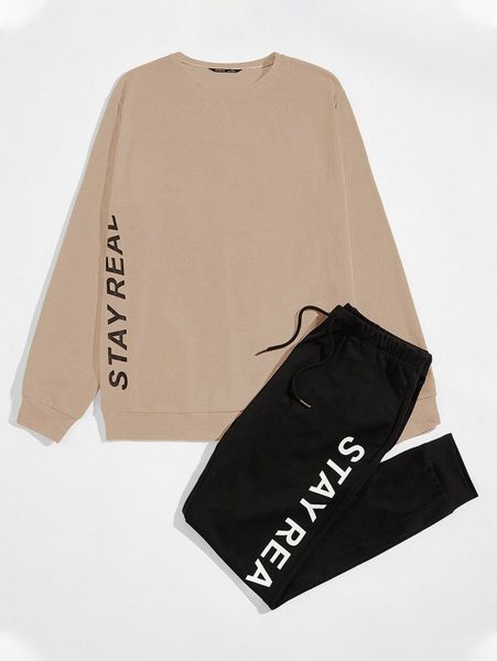 

men letter graphic pullover and drawstring waist joggers set j3l9#, Gray