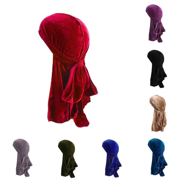 

velvet durag bandanas headwrap fashion soft breathable chemo cap men solid long tail headwear women hair accessories jllidc, Black