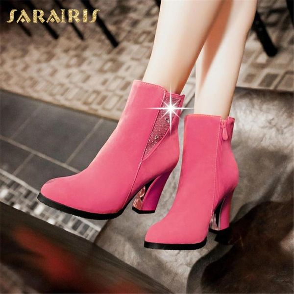 

boots sarairis design 2021 large size 33-43 elegant office shoes ladies thick high heels crystal dropship work bootie lady, Black