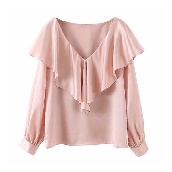 

women's blouses & shirts women sweet pink ruffled blouse v neck long sleeve cute preppy style 2021 casual cozy stylish blusas, White