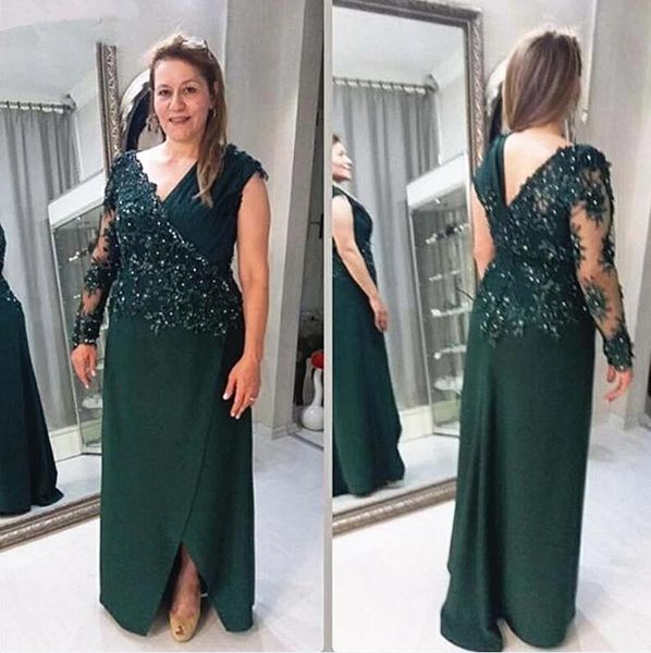

dark green mother of the bride dresses plus size long sleeves beading lace chiffon mother of the groom suits formal evening gowns, Black;red