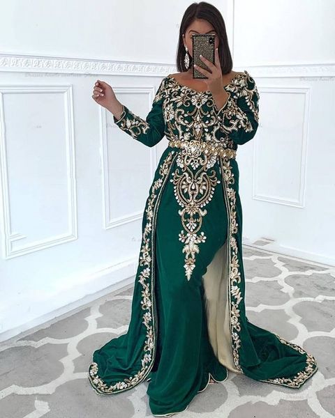 

luxury crystals dark green long formal evening dresses moroccan caftan kaftan 2021 embroidery lace appliques detachable overskirt prom dress, Black;red