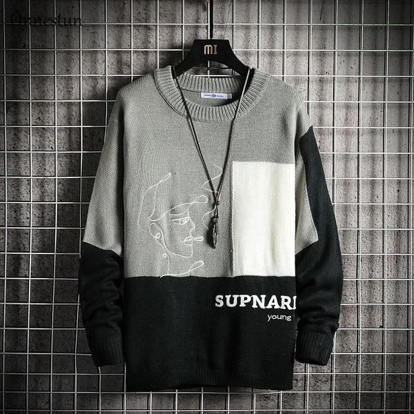 

men's sweaters onnestun sweater men arrivals winter harajuku color stitching design knitted pullover casual japanese man, White;black