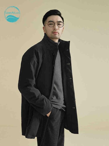 

linenall мужская новая зимняя куртка куртка стенд воротник свободное пальто мужская середина, Black