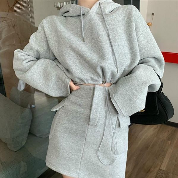 

fashion two piece set women long sleeve crop hoodie + mini skirt fleece hooded hoodies pullover short skirts female, Gray