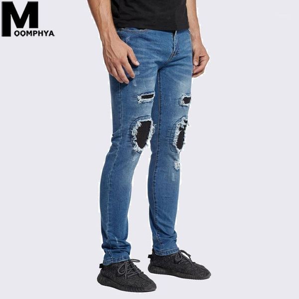 

moomphya 2020 new men stretchy ripped holes biker jeans pleated patchwork hip hop skinny jeans men streetwear blue1, Blue