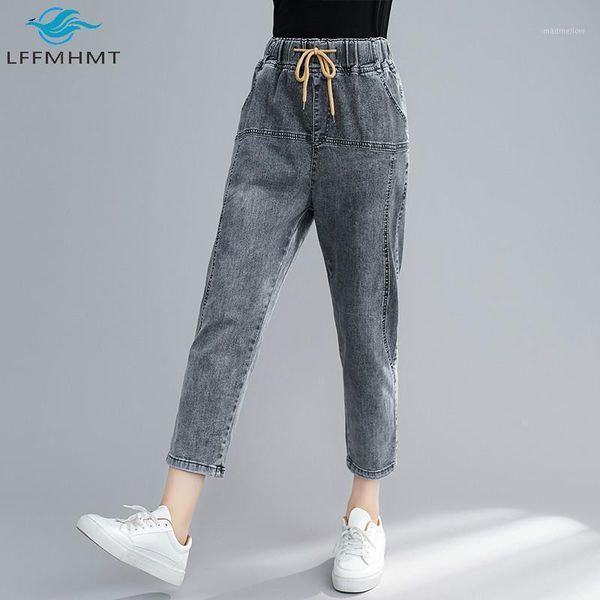 

women's jeans women summer fashion office lady plus size elastic waist solid color vintage casual denim pant female ankle length trouse, Blue