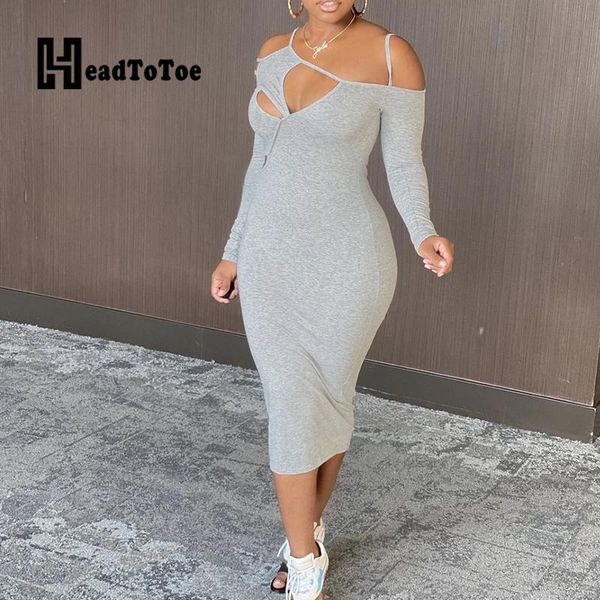 

solid hallow out fashion cold shoulder woman dress full sleeve off shoulder mid-calf slim irregular dresses for women, Black;gray