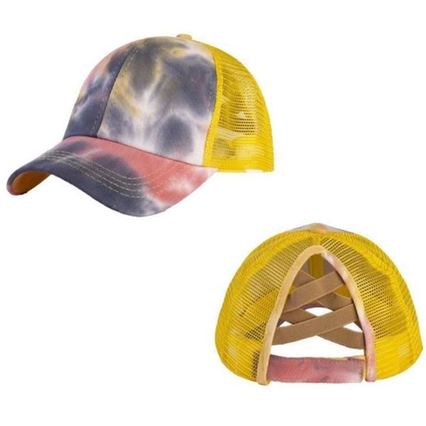 

washed tie dye mesh ponytail ball hats women designers criss cross messy buns ponycaps baseball cap adjustable trucker snapbacks hh2307, Yellow