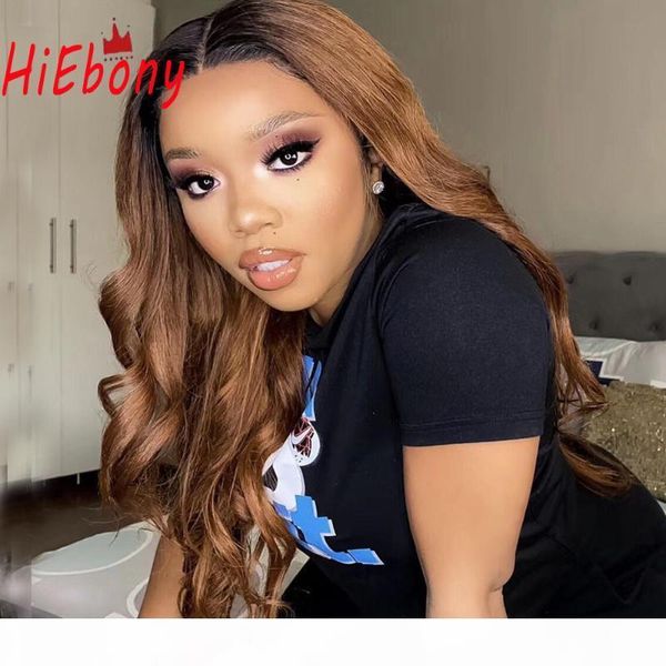 

hiebony ombre lace front wig pre plucked wavy glueless lace front wig remy human hair 13x4 frontal wigs 180% density wigs, Black;brown