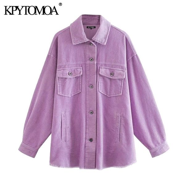 

kpytomoa women fashion with pockets oversized corduroy jacket coat vintage long sleeve frayed hem female outerwear chic 201023, Black;brown
